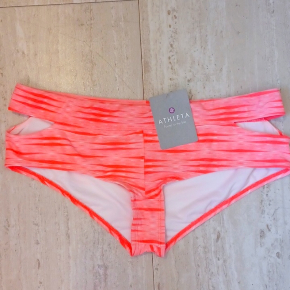 New Athleta Ariel Cut-Out Sides Coral Orange/White Design Bikini Bottoms